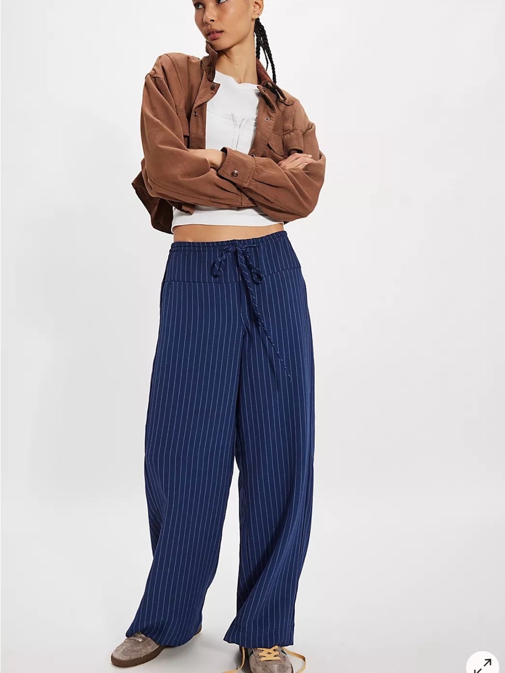 Free People Navy Pinstripe Wide Leg Drawstring Pants